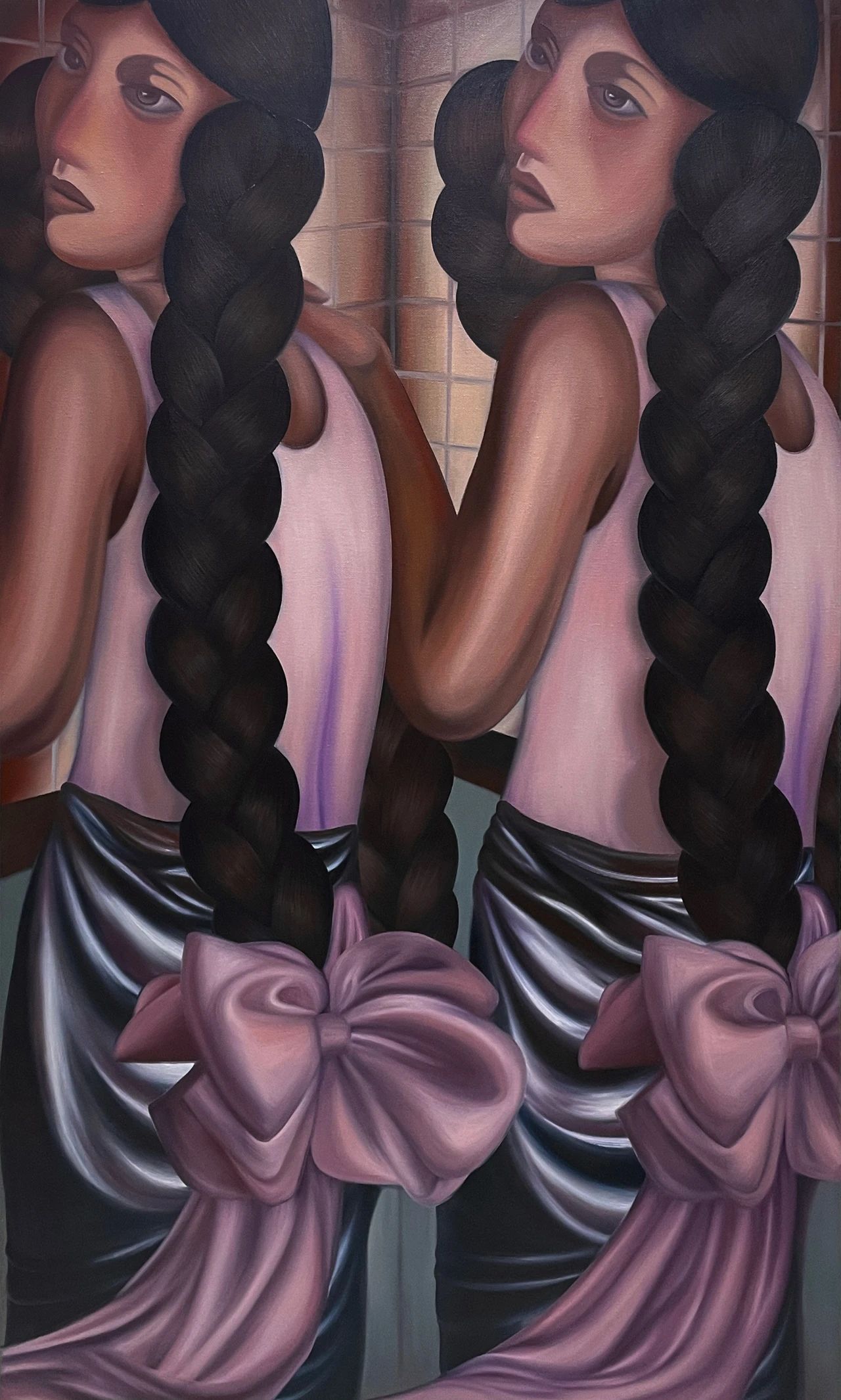 《带粉色蝴蝶结的辫子》，布面油画，130 × 80 cm，2023