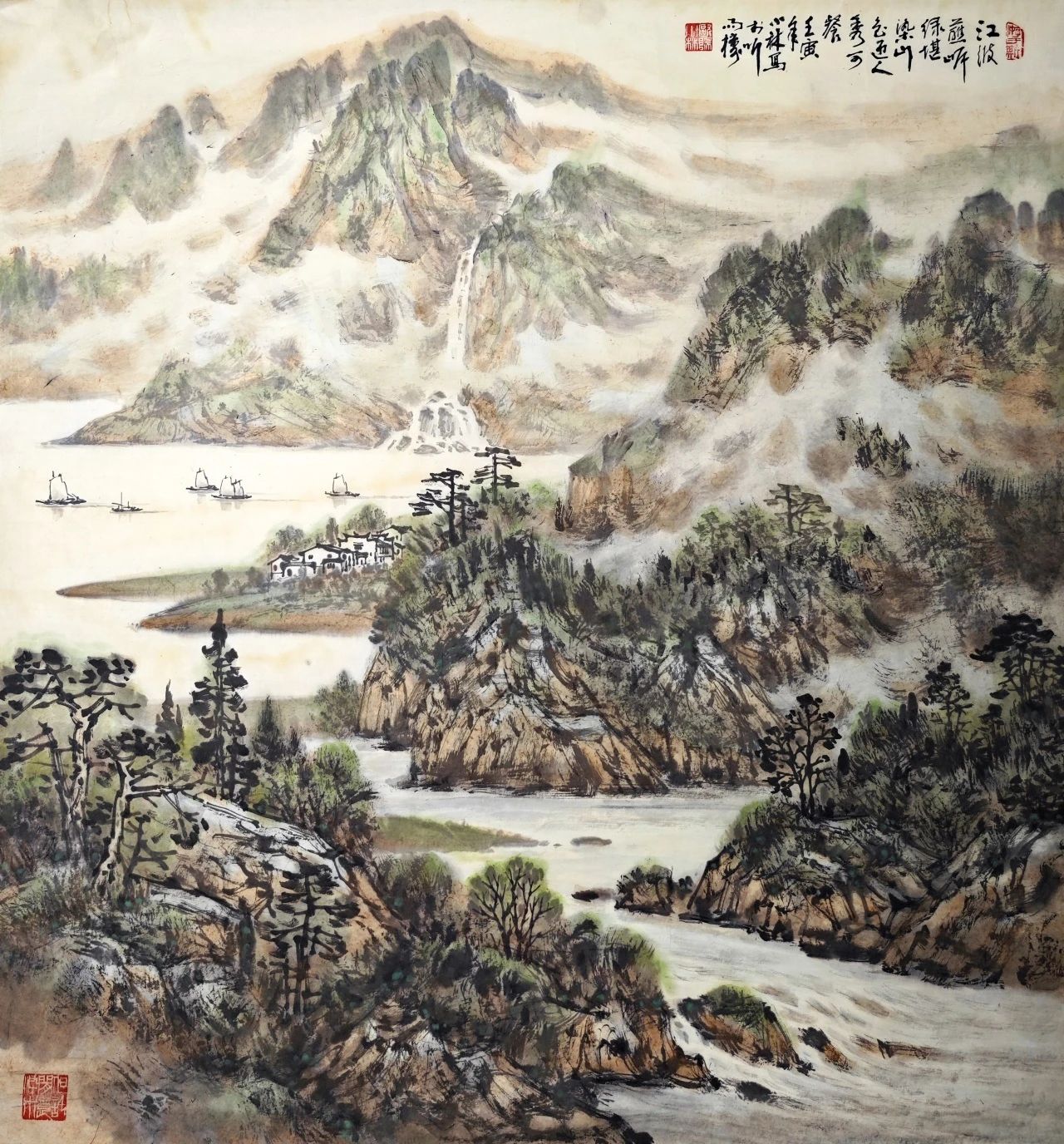 《江波蘸岸绿堪染 山色迎人秀可餐》100×100cm