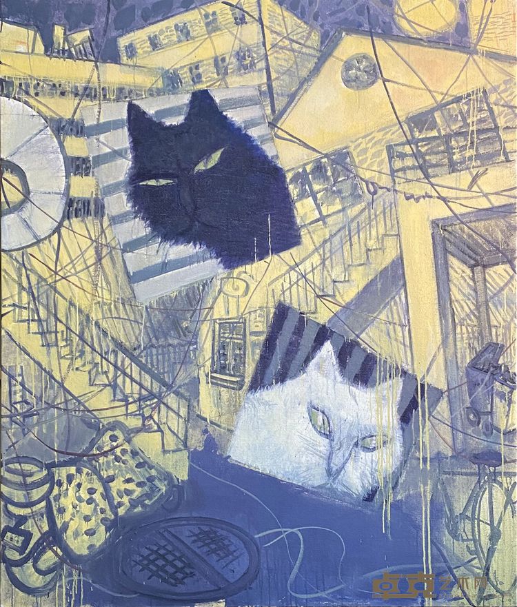 《线索：黑猫和白猫》，布面丙烯，185 × 155 cm，2024