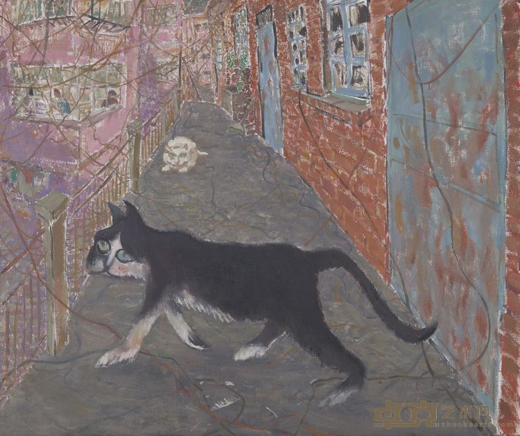 《走廊上的猫 之一》，布面油画， 155 × 185 cm，2023