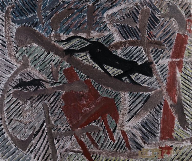《笔划与屋顶上的猫 之一》，布面油画，155 × 185 cm，2022
