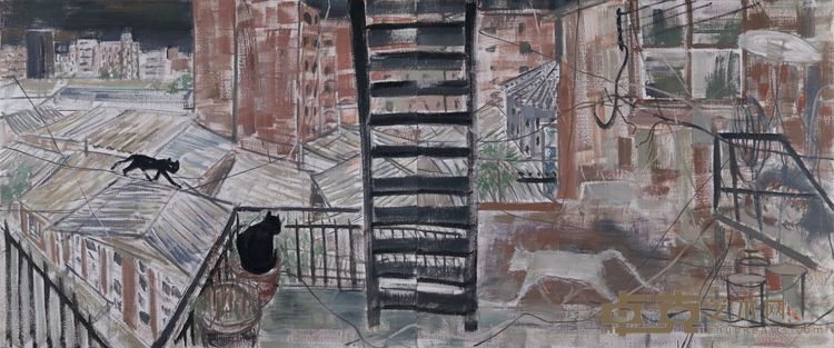 《十月及屋顶上的猫·二联画》，155 × 370 cm， 布面油画，2022