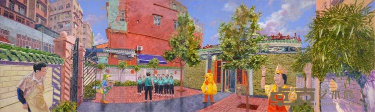 《1988年的鸡同鸭讲于大埔文武庙》，布面丙烯，180 × 600 cm，2024
