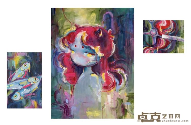 奥⾼古曼《界限》，布⾯丙烯，61 x 38 cm _左），130 x 97 cm _中），33 x 41 cm _右），2024