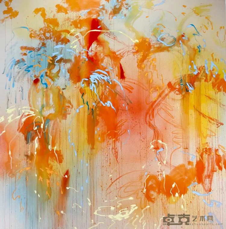⻄莉亚·⾥斯《镜子，镜子》，布⾯丙烯油画棒、油墨，203 × 203 cm，2024