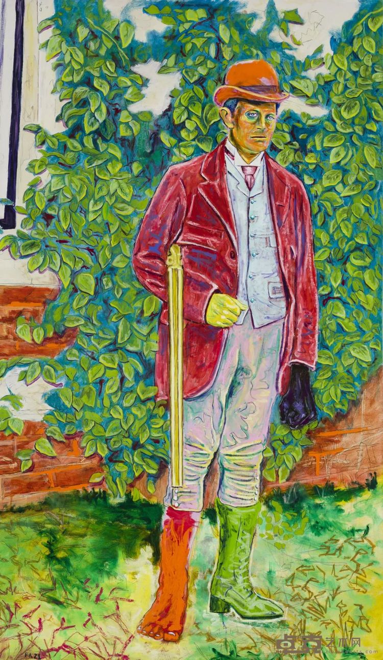 法利·阿吉拉尔带步枪的绅士,2021亚麻布面油画、油画棒、铅笔,175×102cm