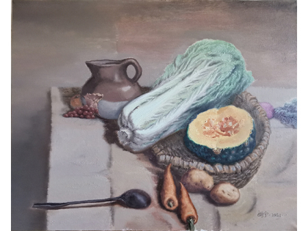 油彩作品《准备素烩的静物》65x81