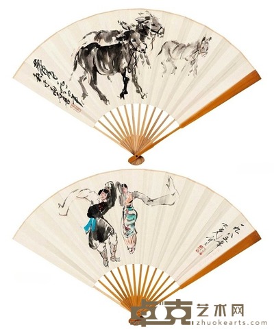 黄胄 杨之光 三驴图 舞蹈 成扇 20×47cm