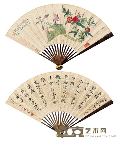 孔繁梅 程砚秋 花卉 书法 成扇 19×47cm