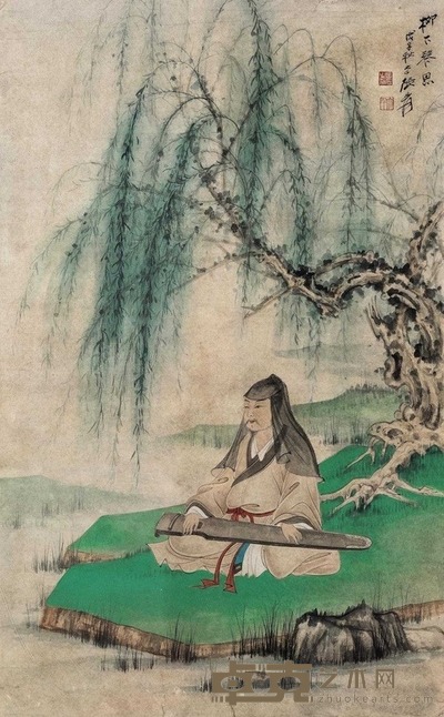 张大千 柳下琴思 镜框 78×48cm