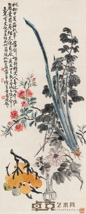蒲华 王一亭 倪田 何汝穆 花卉 立轴 132×53cm