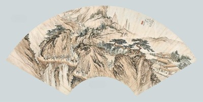 吴镜汀 蜀山行旅 扇面镜心