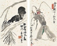 来楚生 关良 松鼠·孙大圣双面案屏 镜心（二帧）