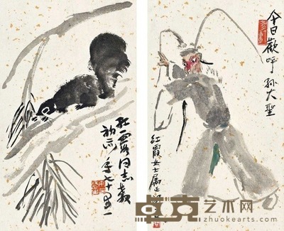 来楚生 关良 松鼠·孙大圣双面案屏 镜心（二帧） 30.7×18.2cm×2