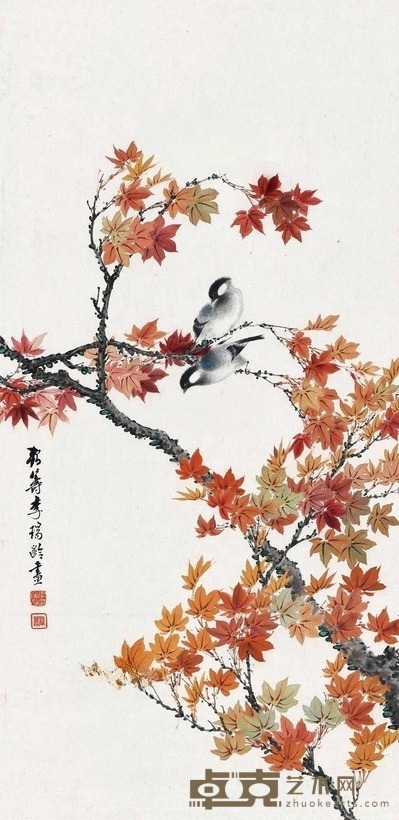 李瑞龄 红叶双禽 立轴 67.5×33cm