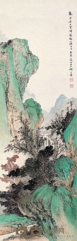 祁大夔 青绿山水 立轴 103×33cm