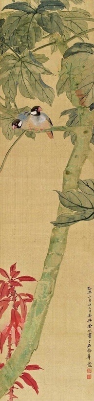 金城 乙丑（1925年）作 梧桐蜡嘴 立轴