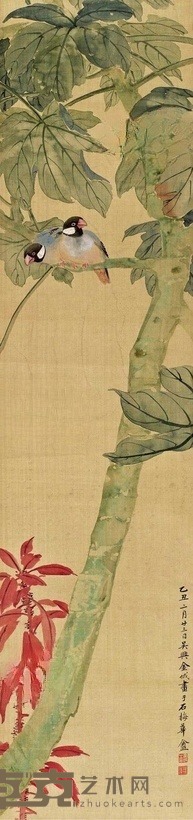 金城 乙丑(1925年)作 梧桐蜡嘴 立轴 99.5×23cm
