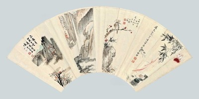 田世光 陆鸿年等 山水花鸟集锦 成扇面