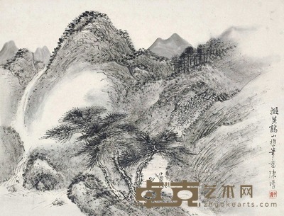 陈墫 山瀑叙话 立轴 25×33cm