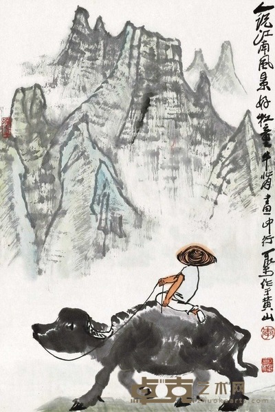 李可染 牧童牛背画中行 立轴 68×45.3cm