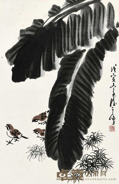 孙其峰 戊寅(1998年)作 蕉阴鸣雀 立轴 69×43.8cm