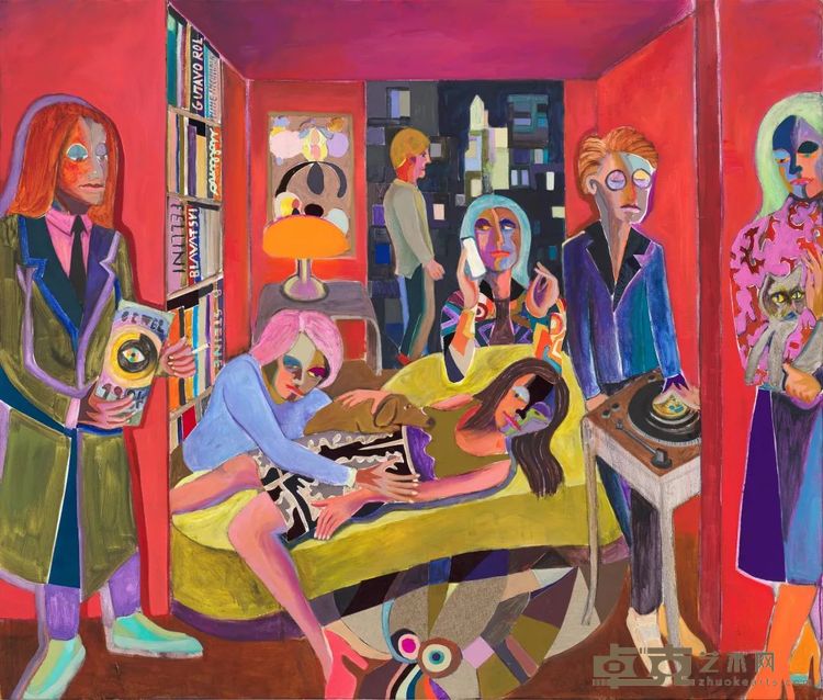 《红衣降神会》，布面油画和纤维，170 × 200 cm，2023