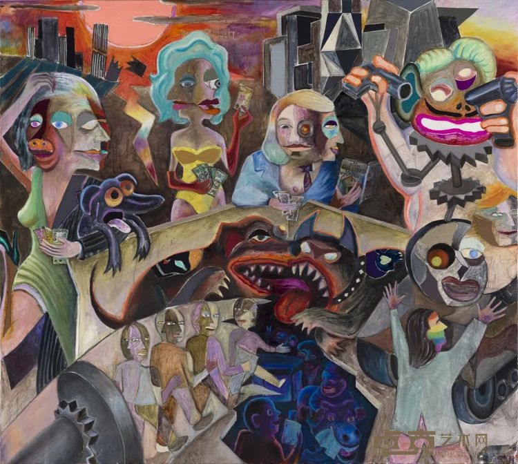 《史奇雷克斯和赛犬的商战》，布面油画和纤维，170 × 190 cm，2024