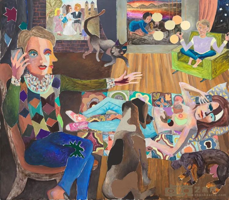 《动物疗愈》，布面油画和纤维，140 × 160 cm，2017