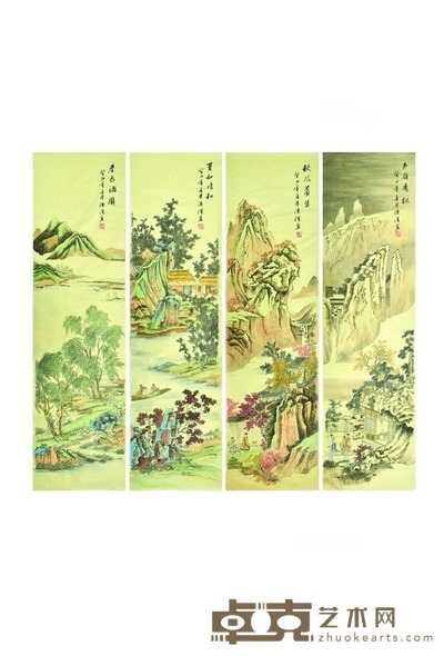 春夏秋冬绢布山水四条屏 