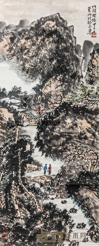 黄叶村 甲子(1984)年作 村头闲话 立轴 82×32cm