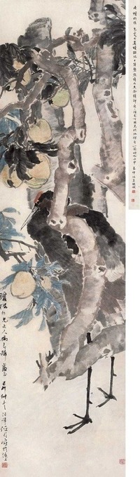任伯年 1879年作 仙桃鹤寿 立轴