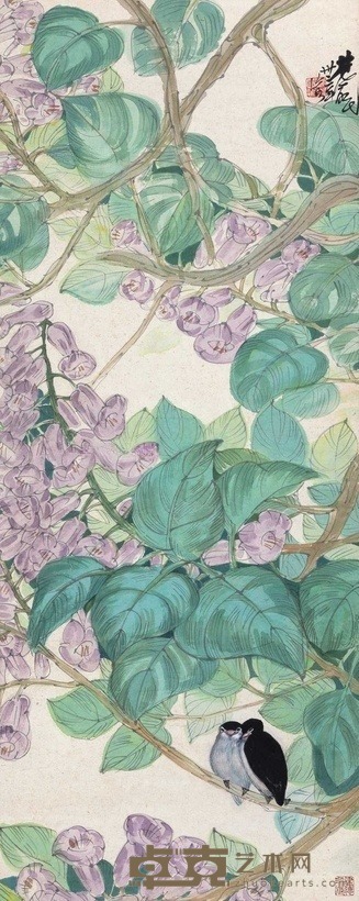 林风眠 1944年作 林间双栖 镜片 95.5×38cm