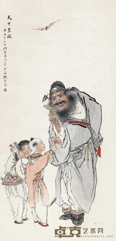 沈心海 1916年作 天中呈瑞 立轴 132×63.5cm