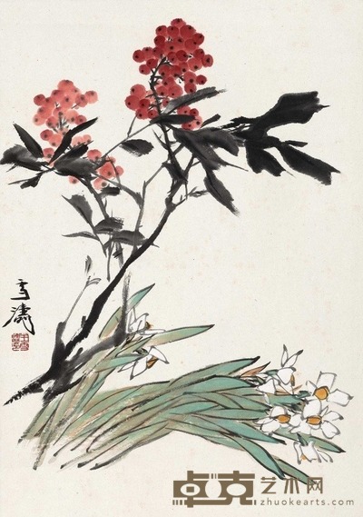 王雪涛 天竹水仙 镜片 46×32cm