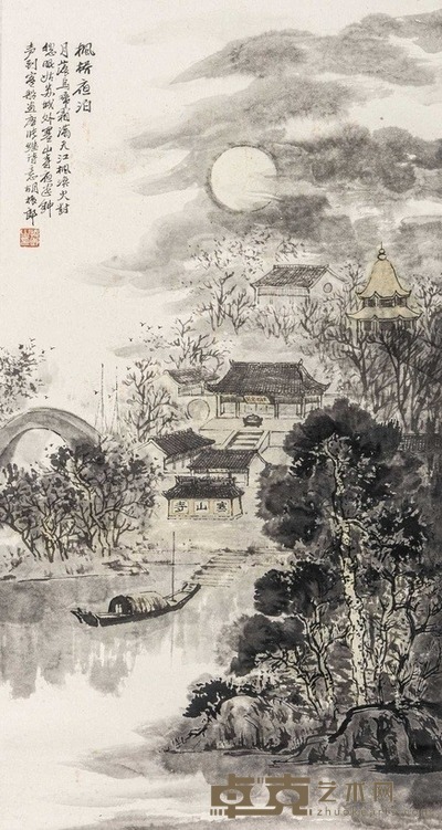 胡振郎 枫桥夜泊 立轴 88×46cm