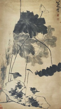 八大山人 荷花小鸟 立轴