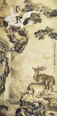 沈铨 鹤鹿图 立轴