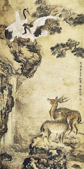 沈铨 鹤鹿图 立轴