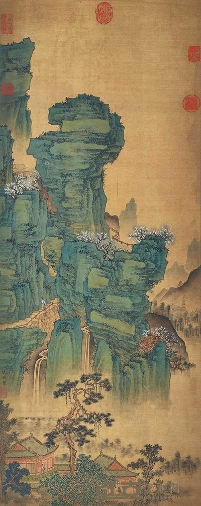 仇英 青绿山水 立轴 87×34cm