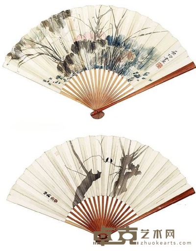 启功 荷花 成扇 13.5×41cm