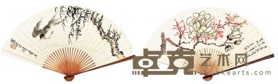 潘天寿 黄宾虹 合作 花鸟 成扇 13×40cm