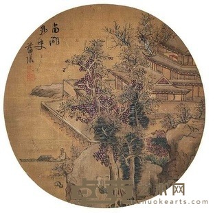 蓝瑛 泛舟图 立轴 直径25cm