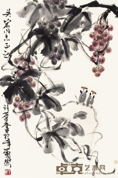 许麟庐 葡萄双鸟 镜片 69×45cm