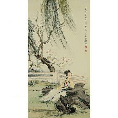 郑慕康 款 柳叶仕女图 立轴