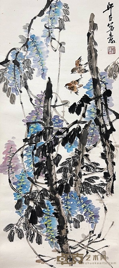 娄师白 款 花卉麻雀 立轴 画芯78×34cm