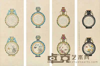 溥心畬 溥靖秋 （款） 博古四屏 立轴 91×31cm×4