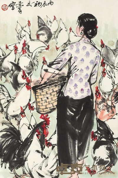 黄胄 (款) 饲鸡图 立轴 69×45cm