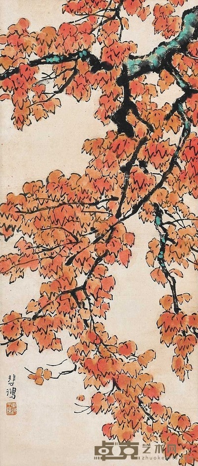 徐悲鸿 （款） 红叶 立轴 76×32cm